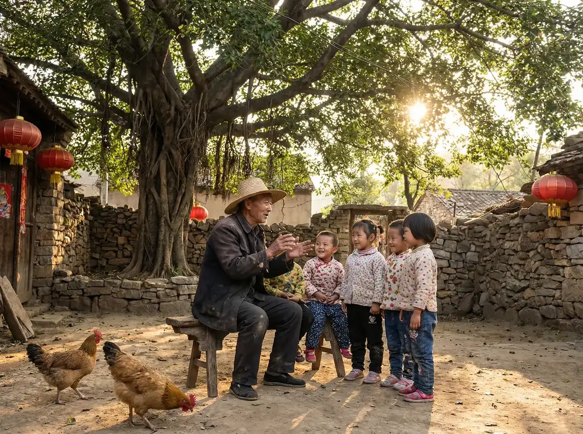 老人在大榕树下给孩子们讲故事 - 一色狗网站 乡村记忆